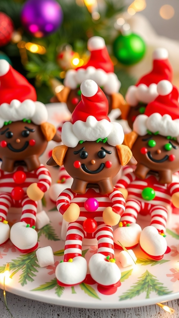 Colorful Christmas Elf treats decorated with chocolate, sprinkles, and candy on a festive platter.